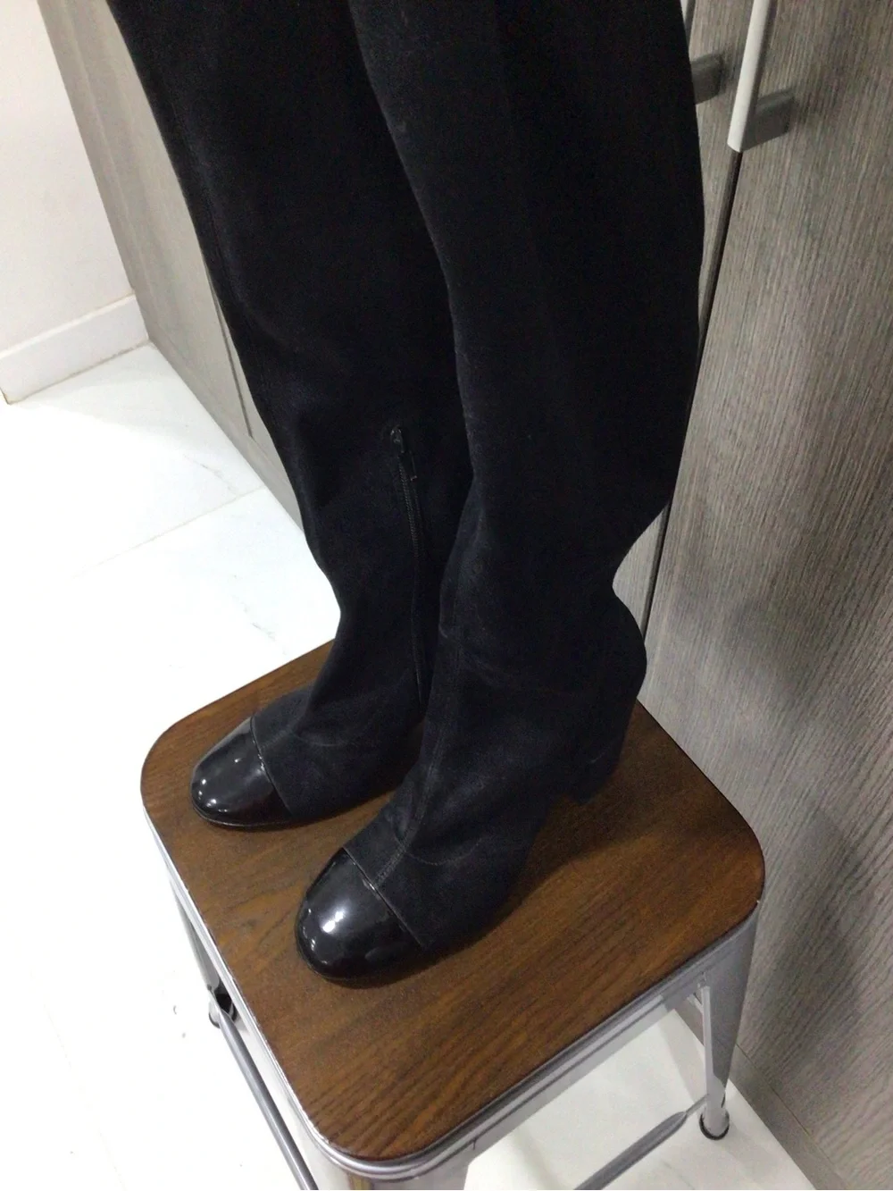 Marc Fisher Black Over-the-Knee Suede Boots with Patent Cap Toe
